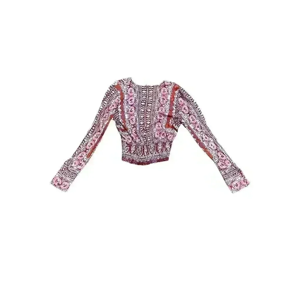 Free People Wild and Free Printed Paisley Long Sleeve Smocked Top Sz S